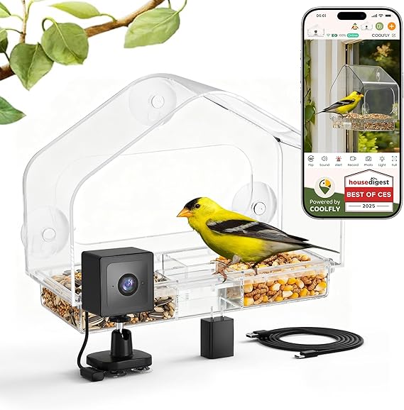Window Bird Feeder with Strong Suction Cups & Smart Waterproof Bird Camera | 2K Clear Vision, AI Bird Recognition Tech, Real-Time Alerts, Easy to Use, Detachable Tray, 2.4G, USB Powered, for Home
