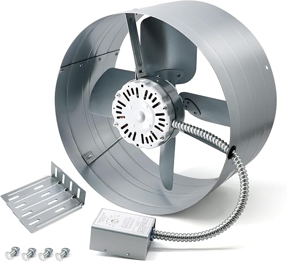 Gable Mount Power Attic Fan with Adjustable Thermostat, 15 Inch Attic Exhaust Fan, 1300 CFM, 1075 RPM, 3.4 Amp
