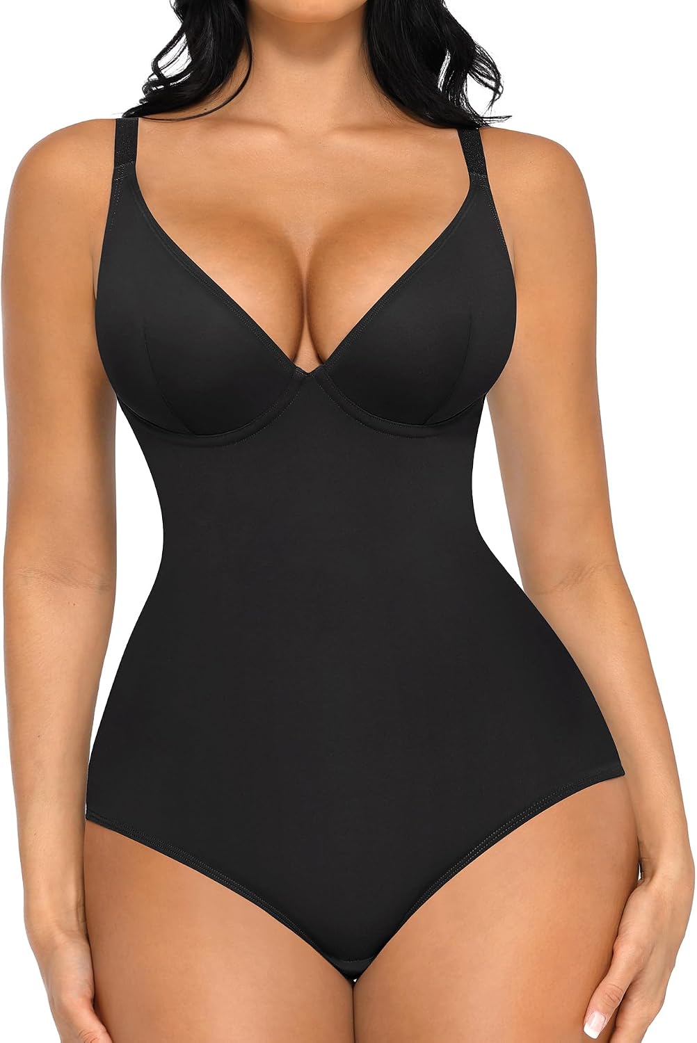 FeelinGirl Shapewear for Women Tummy Control Sexy Plunge Deep V Neck Sleeveless Going Out Tank Bodysuits Tops, XX-Large, Black