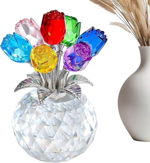 Crystal Flowers, Crystal Ornaments,Glass Ornaments,Crystal Rose,Home Decor, Aesthetic Desk Figurines, Luminous Light Refraction Function,Apartment Display Accessory,Small Collectible(Colourful)