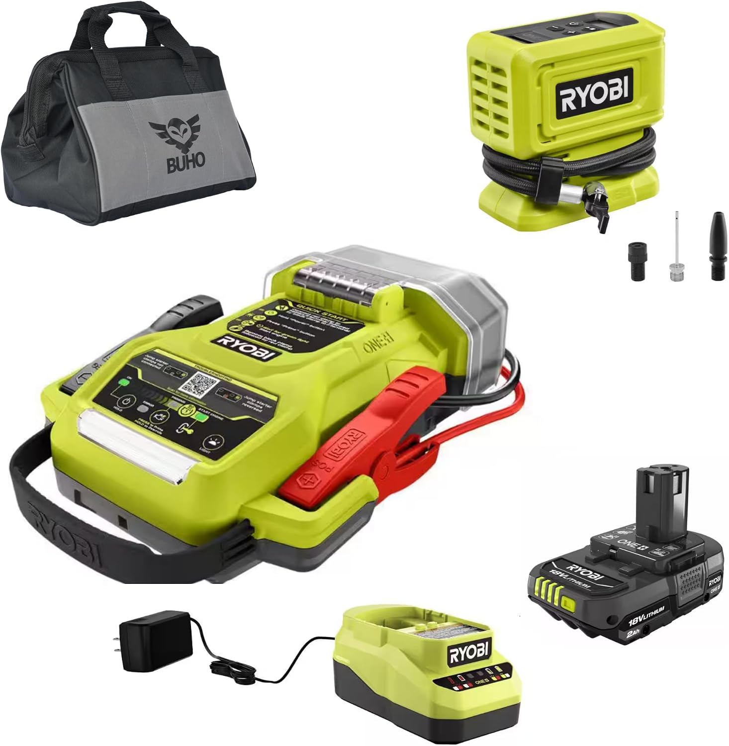 Buho Cordless Jump Starter and Inflator Accessory Bundle - 18 Volt 1600 Amp Ryobi Jump Starter High Volume Inflator 2.0 Ah Battery 18V Charger 16 Inch Tool Bag, P7110PCL001BB010