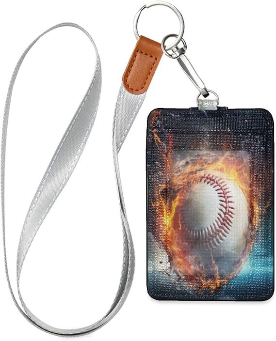 Qilmy Fire Baseball ID Badge Holder Leather Credit Card Badge Holder with Lanyard for Boys Girls School Office Staff
