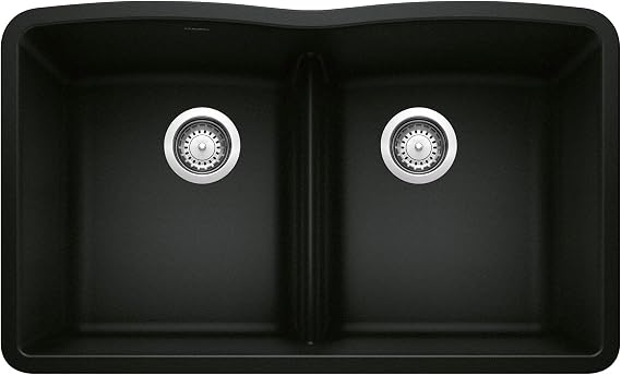 BLANCO Diamond Silgranit 50/50 Double Bowl Undermount Kitchen Sink with Low Divide, Coal Black