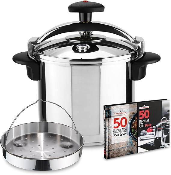 Magefesa Star Exclusive 8.4-Quart Pressure Cooker Set, Includes Steaming Basket & Recipe Book 18/10 Stainless Steel, Full Induction