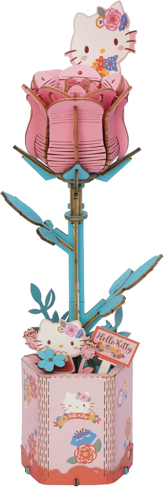 Hands Craft Hello Kitty and Friends Pink Rose 3D Wooden Puzzle Set | DIY Flower Model | Arts and Crafts for Adults and Children | Creative Hobby Kits | Hello Kitty Collection | Wood