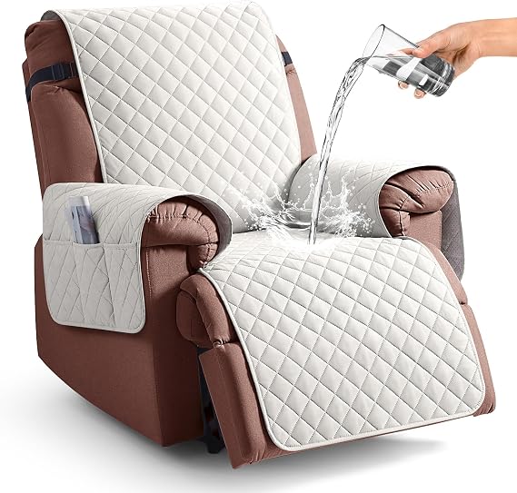 KinCam 100% Waterproof Recliner Chair Covers Washable, 23.6", Beige White