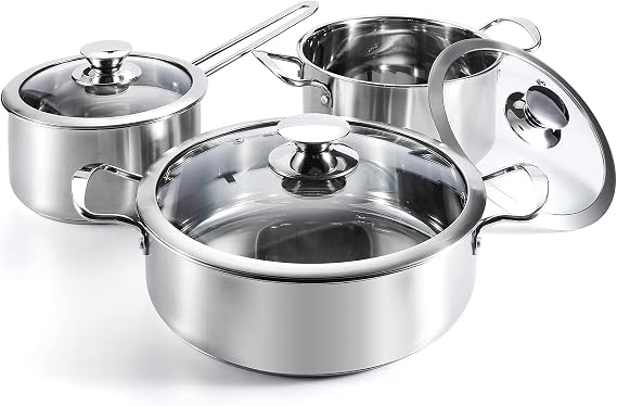 Stainless Steel Pot Set 6-Piece Kitchen Cookware set with Glass Lids and Stay-Cool Handle Exquisite gift Oven Safe Works with Induction Silver