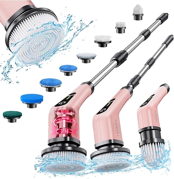Leebein Electric Spin Scrubber, Cordless Powerful Scrub Brush for Cleaning Bathroom, Kitchen, Shower Tub and Floor Tile with Adjustable Extension Long Handle and 8 Replaceable Brush Heads(Rose) | 8 Replaceable Brush Heads, 90Min Runtime, 54 Inch Long Handle, IPX7 Waterproof, 2 Speeds for Bathroom Cleaner