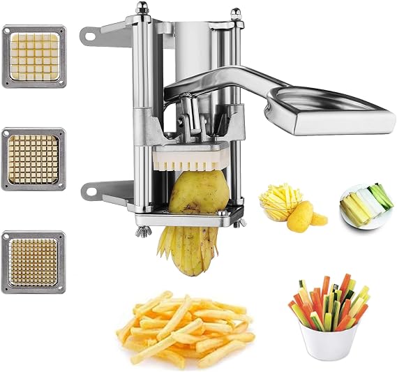 uyoyous French Fry Cutter, Commercial Vegetable Fruit Chopper | Wall Mounted, 1/2'', 3/8'', 1/4'' Blades, Stainless Steel, Improve Efficiency, for Cucumber, Carrot, Potato
