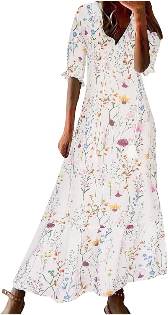 Womens Boho Printed Spring Summer Dress - V-Neck, Three-Quarter Sleeve, A-Line, Hide Belly