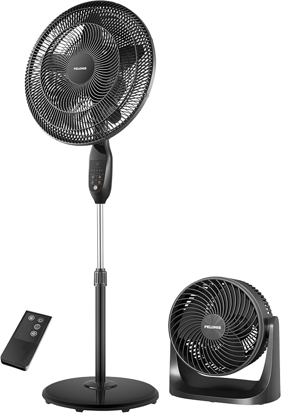 PELONIS PFS45A5BBB 18" Oscillating Pedestal Fan + 7" Table Fan, Black - Remote, LED Display, Adjustable Speed & Timer