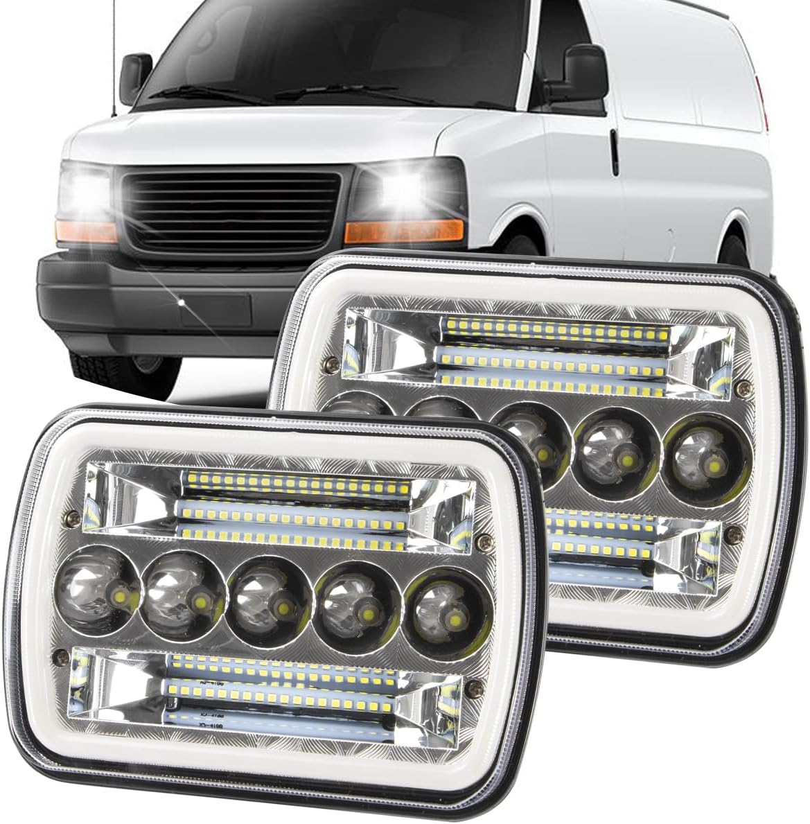 5x7 7x6 Headlights with DRL & Turn Signal,800% Brightness Xenon White H6054 H5054 Headlight Compatible with 1996-2017 GMC Savana 1500 2500 3500,HiLow Sealed Beam,IP68,Pack of 2
