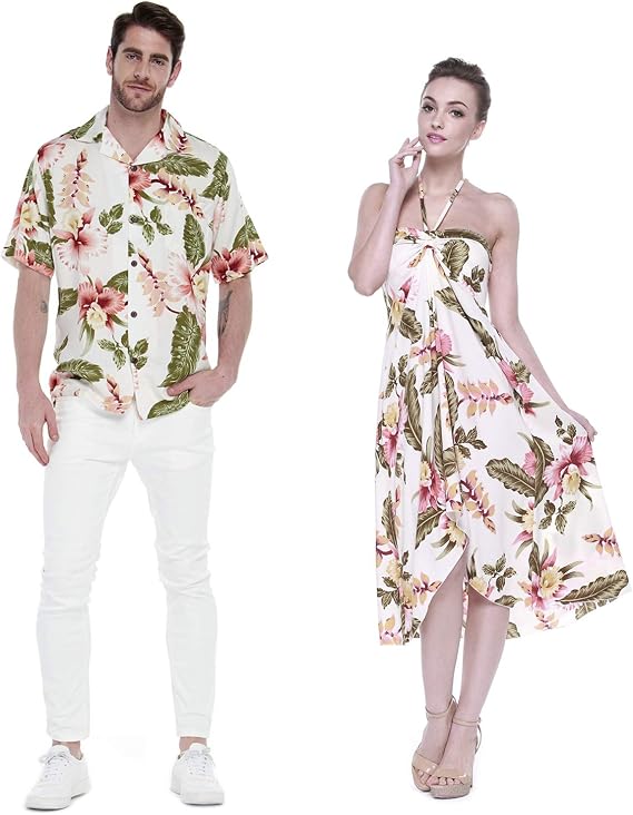 Couple Matching Hawaiian Luau Party Outfit Set Shirt Dress in Cream Rafelsia