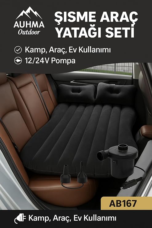 Araba Arka Koltuk Şişme Yatak Oto Kamp Seyahat Yatağı Pompa Yastık Tamir Setli Siyah