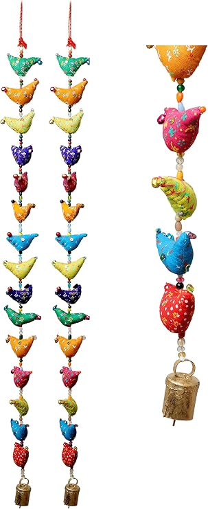 Set of 2 Indian Door Hanging 15 Fabric Birds Tota String with Bell Festival Christmas Decoration for home Wall Temple Bedroom room home Decor New Year Gifting(Size :- 24" Approx.) (Multicolour-1)