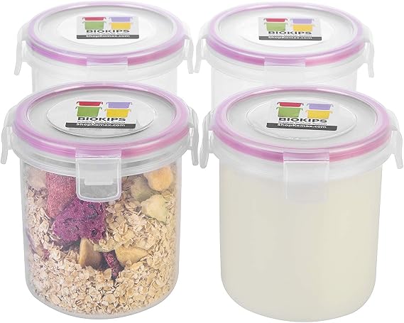 Komax Biokips Overnight Oats Containers with Lids Set of 4 Round Airtight Food Storage Containers for Oatmeal, Cereal, Milk & More BPA-Free Meal Prep Container Set w/Locking Lids (18.6 oz)