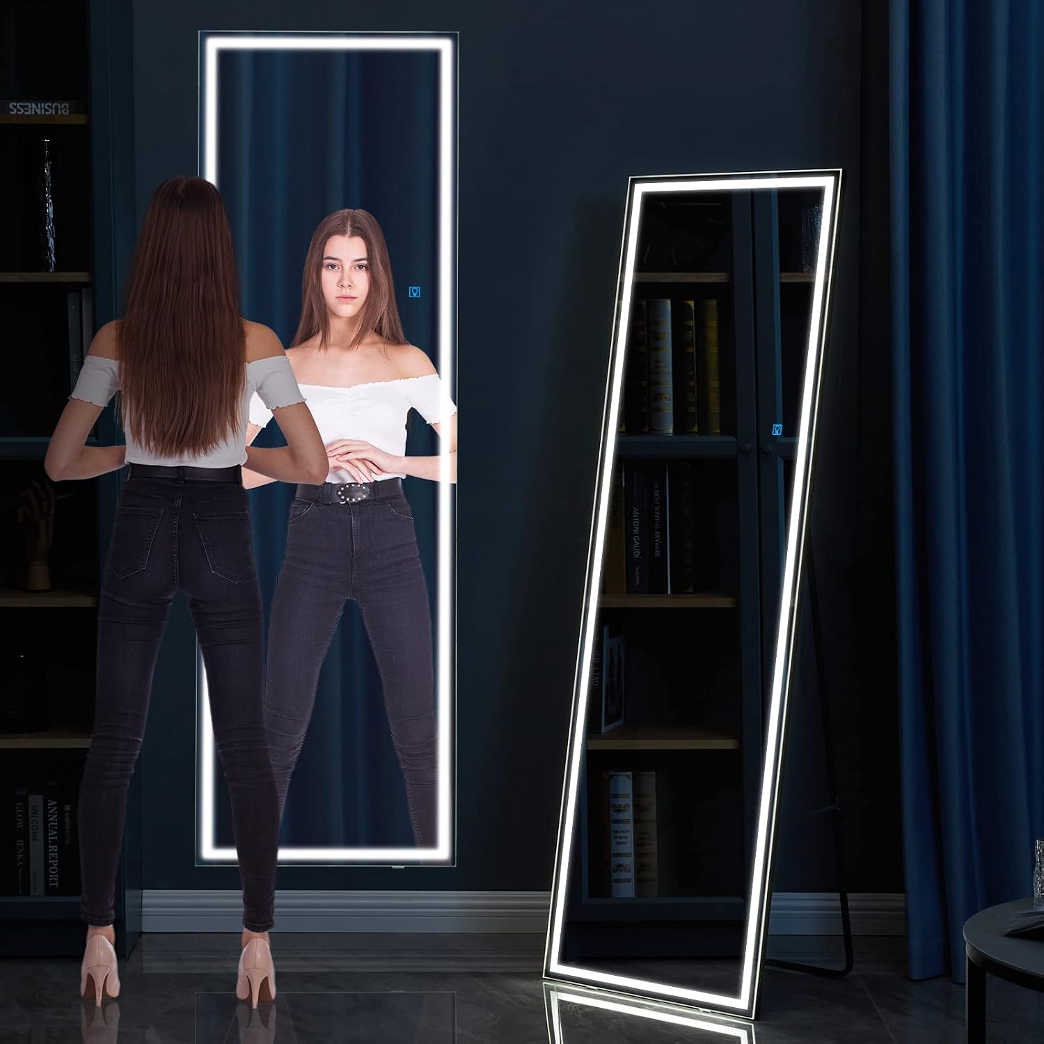 63x20 Full Length Mirror with LED Lights, Free Standing Lighted Floor Mirror, Wall Mounted Full Body Hanging Mirror with Lights for Bedroom with Dimming Lights & 3 Color Modes Black
