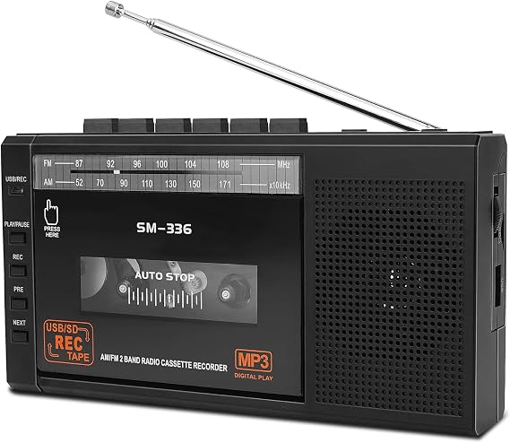 Portable Cassette Player AM FM, Audio Cassette to MP3 Converter, Record to Cassette/USB/SD Card with Loud Speaker and Earphone Jack, AA Batteries Operated or AC Powered for Gift, Home
