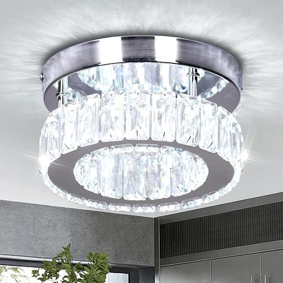 Mini Crystal LED Ceiling Light, 20cm Flush Mount Chandelier, K9 Crystal & Stainless Steel 12W Cool White 6500K Small Ceiling Fitting for Hallway, Bedroom, Closet, Foyer 