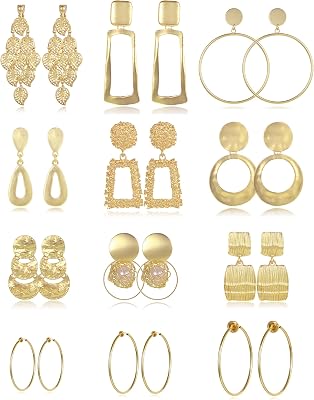 Tornito 12 Pairs Clip on Hoop Earrings for Women Geometric Round Twist Chunky Hoop Earrings No Piercing Fake Earrings Gold Silver Tone