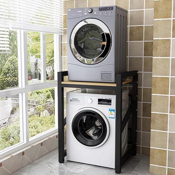 Washer Dryer Stacking Rack for Compact 24" Washers, Height Adjustable | Rust-resistant iron Anti-skid pads, rounded corners, 5-min tool-free assembly. For laundry rooms, bathrooms, apartments