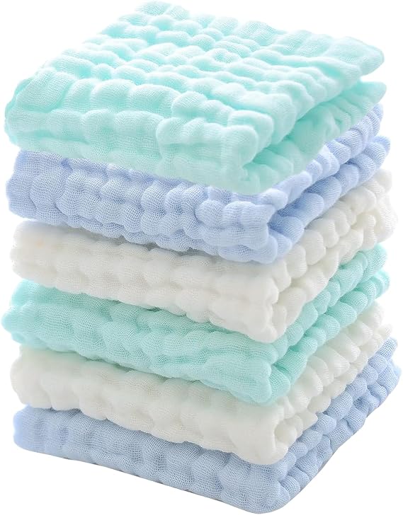 Baby Washcloths 6 Pack Muslin Baby Face Towels Soft Muslin Washcloths for Newborn Cotton Wash Cloth Set for Baby Body Natural Baby Wipes for Delicate Skin Baby Registry as Shower 11x11 inches (blue)
