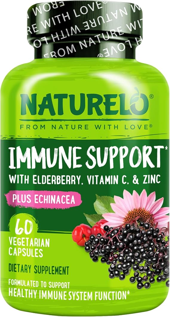 NATURELO Immune Support Vitamin C, Elderberry, Zinc, Echinacea Natural Immunity Boost w/Antioxidant, Herbal & Mineral Defense - 60 Vegan Capsules