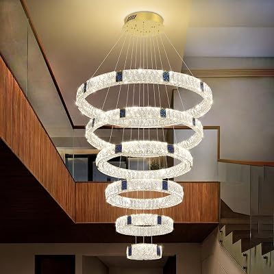 Extra Large 6 Ring Chandelier Modern LED Crystal Gold Staircase Chandelier Lighting, High Ceiling Chandeliers for Foyer Adjustable D7.915.723.6324048