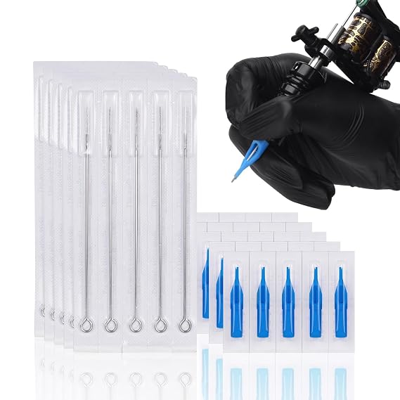 Tattoo Needles & Tips Set, ATOMUS 50pcs Disposable Mixed Tattoo Needles + 50pcs Assorted Tattoo Needles Tips, 5pcs of each-3rl 5rl 7rl 9rl 3rs 5rs 7rs 9rs 5m1 7m1 3RT 5RT 7RT 9RT 3DT 5DT