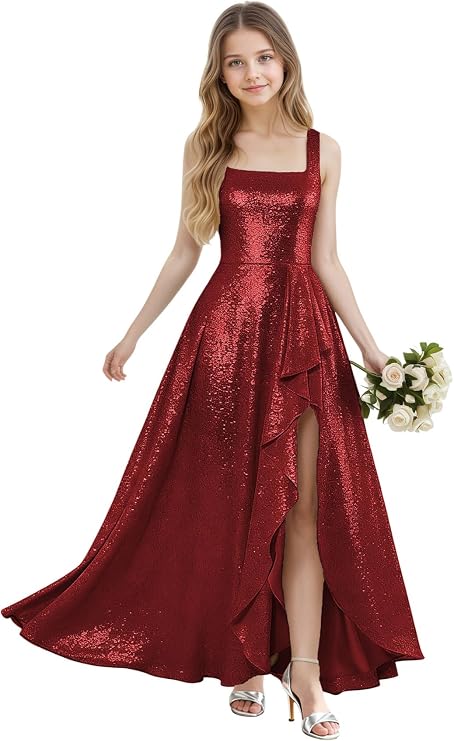 Girls Bridesmaid Dresses Size 10-12 Sparkly Sequin Prom Dress for Teens A Line Burgundy Square Neck Junior Flower Girl Dress with Ruffle Slit
