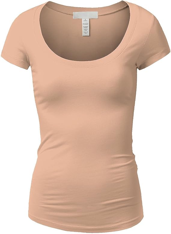 Active Basic Womens Plain Basic Deep Scoop Neck with Cap Short Sleeves Light Peach