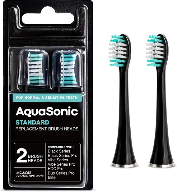 AquaSonic Genuine Standard Replacement Brush Heads | ADA Accepted | for Normal & Sensitive Teeth | Compatible with Many AquaSonic Toothbrush Handles (2 Pack Black)