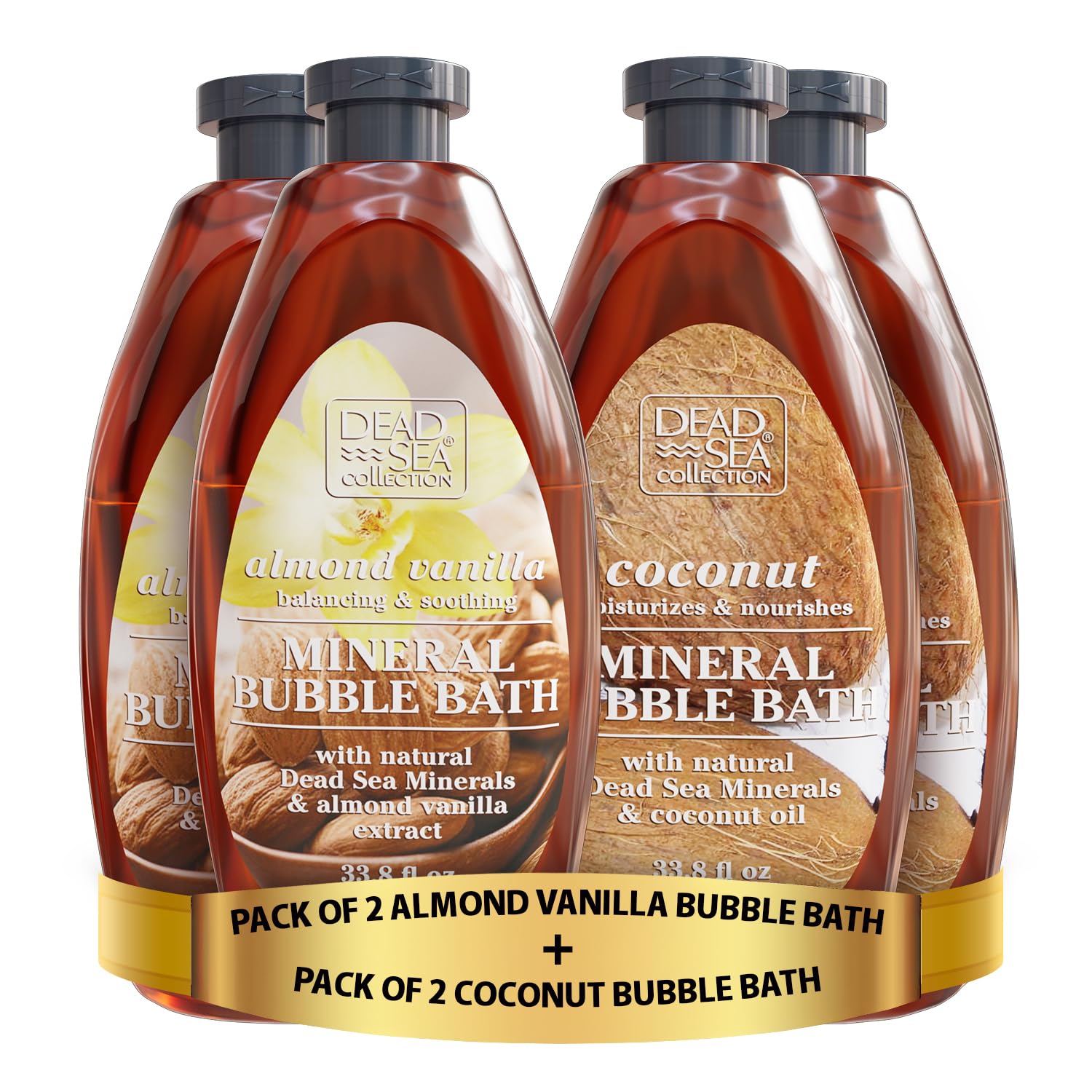 Dead Sea Collection Almond Vanilla Bubble Bath for Women and Men with Dead Sea Salt - Pack of 2 67.6 fl.oz and Bubble Bath with Coconut Oil and Natural Minerals Pack of 2 67.6 fl.oz - Bundle