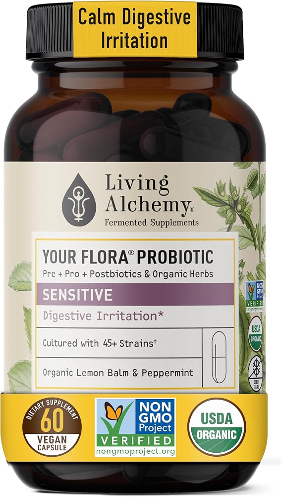 Living Alchemy Your Flora Probiotic Sensitive, Vegan, Non-GMO, 60 Pcs | Fermented Soybean, Lemon Balm, Peppermint, Prebiotics, Probiotics, Postbiotics, Digestive Enzymes, Cleanse Detox