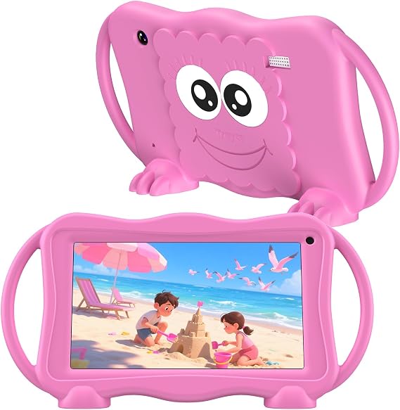 Kids Tablet 7 Inch Tablets for Kids 3-12, 32GB Toddler Tablet with Dual Camera, Parental Control, Solid Case, WiFi, GMS, Android Learning Software Installed (Pink)