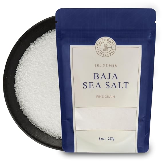 SALTCRAFT Baja Sea Salt Hand-Harvested Fine Crystals, Kosher, 30% Less Sodium, Pure Mineral Salt 8 oz