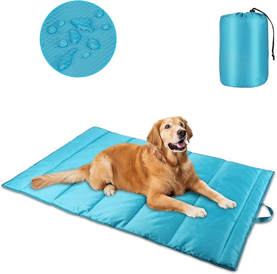 Large Outdoor Dog Bed Mat, Waterproof Camping Dog Mat with Carry Bag, Blue