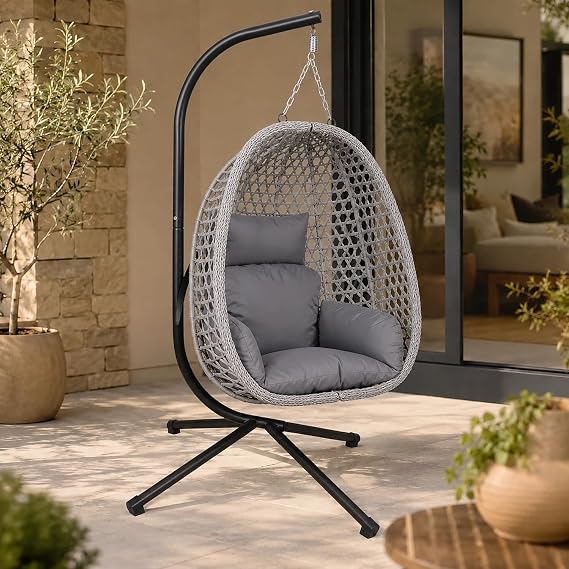 Luxury Folding Hanging Rattan Egg Swing Chair Patio Garden Cocoon Relaxing Hammock with Cushions (Grey, Single)
