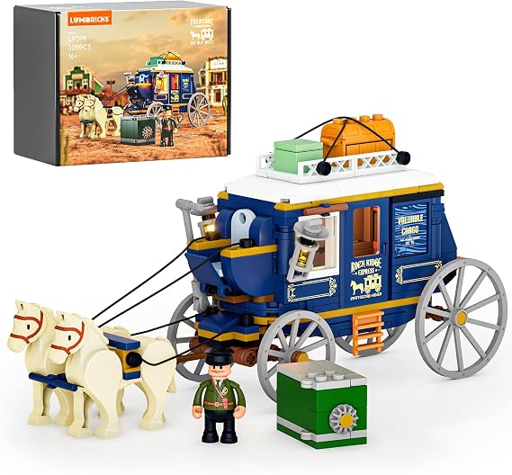 Lumibricks Western Treasure Stagecoach Lighting Building-Bricks Set - Old West Carriage and Horse 307 Pcs Collection Display Set for West Lovers