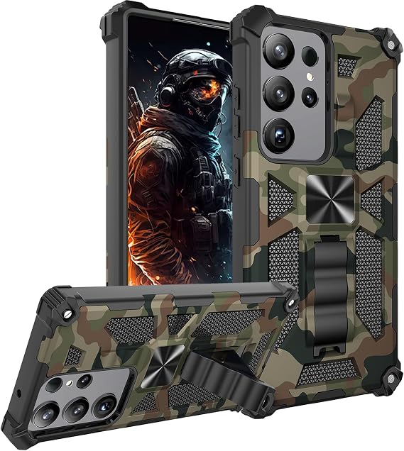 Camouflage Case for Samsung Galaxy S23 Ultra (Not S23) with Magnetic Kickstand, Military Grade Heavy Duty Shockproof Protection Cover for Samsung