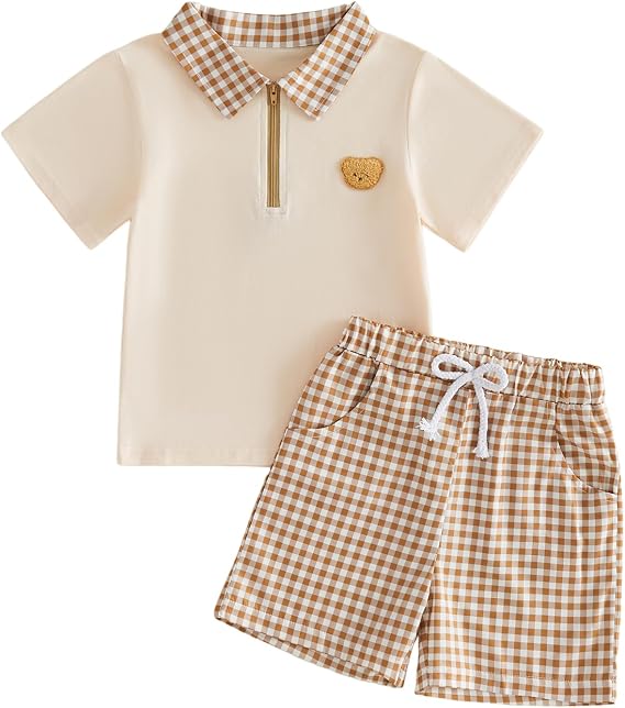 Toddler Boy Summer Clothes Cartoon Plaid Lapel Bear Applique Embroidery Short Sleeve Zipper Shirt Top Elastic Shorts Set Baby Knit Outfit 2 Pcs