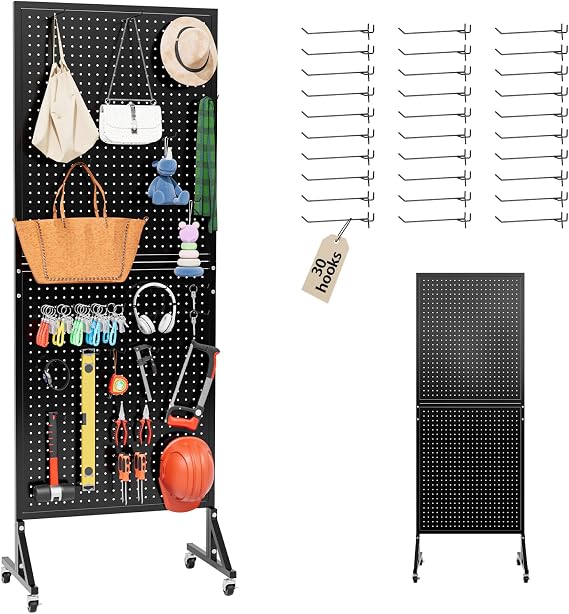 2 x 5.5 FT Metal Pegboard Display Stand with Wheel & Leveling Feet | Peg Board Panels Display Rack with 30 Hooks for Retail Store, Craft Show, Garage, Jewelry Organizer, Black