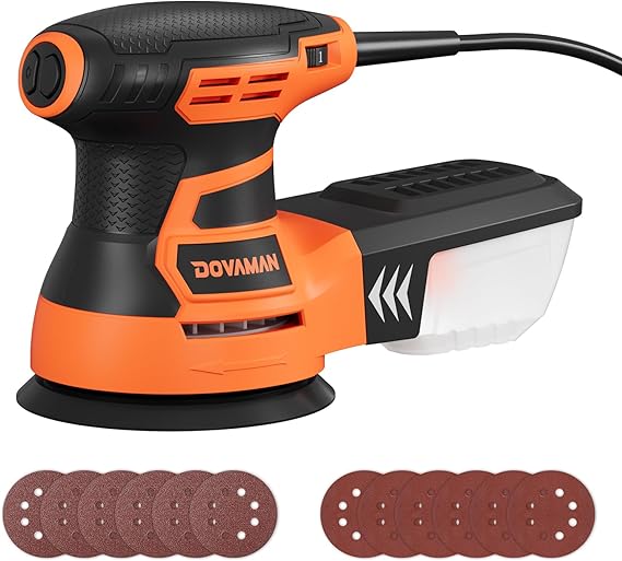 DOVAMAN Orbital Sander, Up to 13000 rpm, 3A Random Orbit Sander, 6 Variable Speeds, 12pcs Sandpapers, 5in Sanding Pad, Dust Collection, Electric Tool Perfect for Woodworking