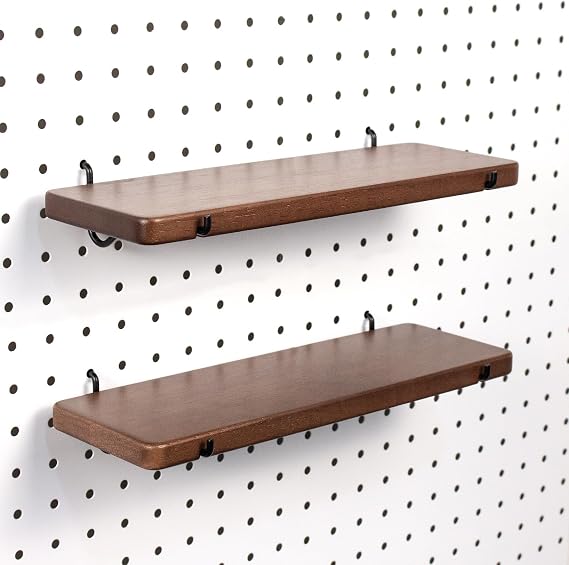 2 Pcs Walnut Finish Wooden Pegboard Shelf for 1/4" Metal Pegboard