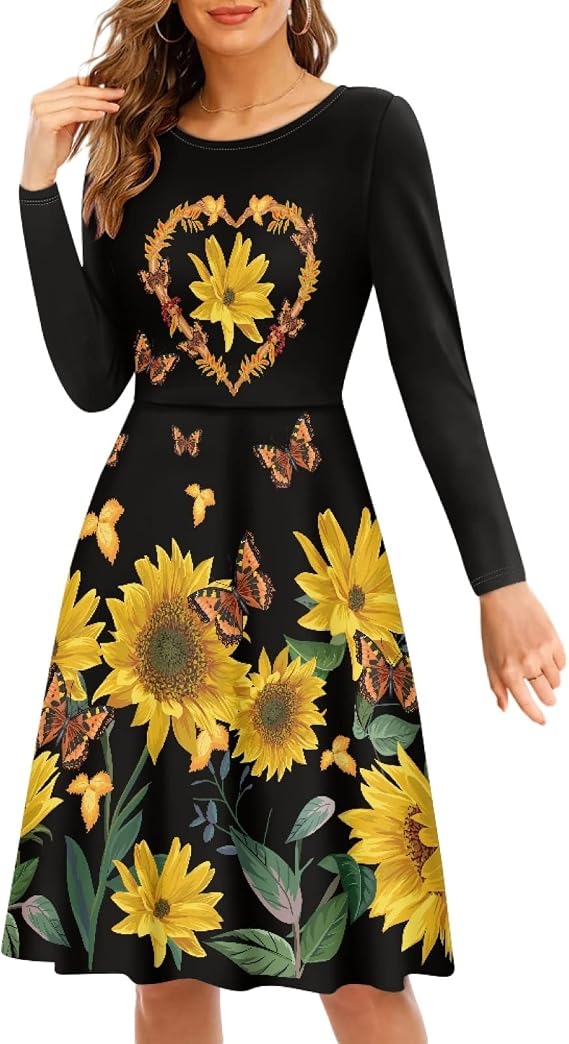Midi Dresses for Women Fall Long Sleeve Puffy Dress Size S-4XL