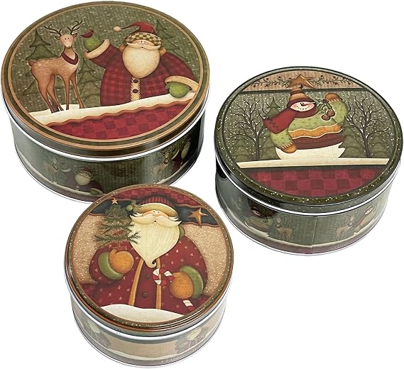 Bseical Christmas Tins Nostalgic Christmas Biscuit Tin Metal Pastry Tin Cookie Tins with Lid Christmas Snacks Tin Round (D)