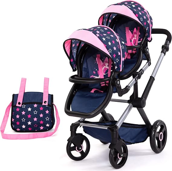 Bayer Xeo Twin Pram - Stars Navy & Pink Doll Stroller with Adjustable