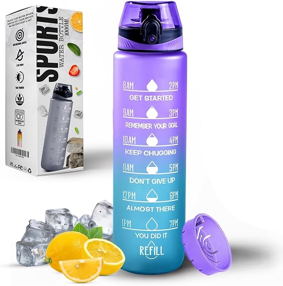Roe Tenpo Water Bottle 1L, Sports Water Bottle with Time Markings, BPA-Free, Leak-Proof Drinks Bottle, Perfect for Running, Cycling, Gym, Yoga, Camping and Outdoor Activities