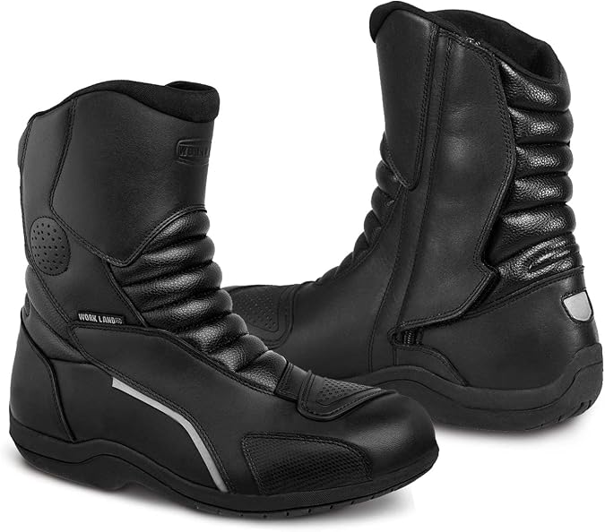 WORKLAND Motorcycle Boots for Men - 80006 Leather Boots with Protections - Rubber Sole Slip Resistant and Reflective Motorcycle Riding Boots
