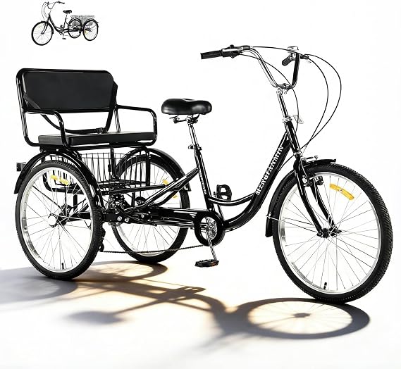 Adult Tricycle 7 Speed 24 Inch Trike, 3 Wheel Bikes Extended Rear wheelbase Trikes Wheel Bike with Rear Basket and Rear Seat, for Women,Men,Seniors,Maximum Load 550lbs